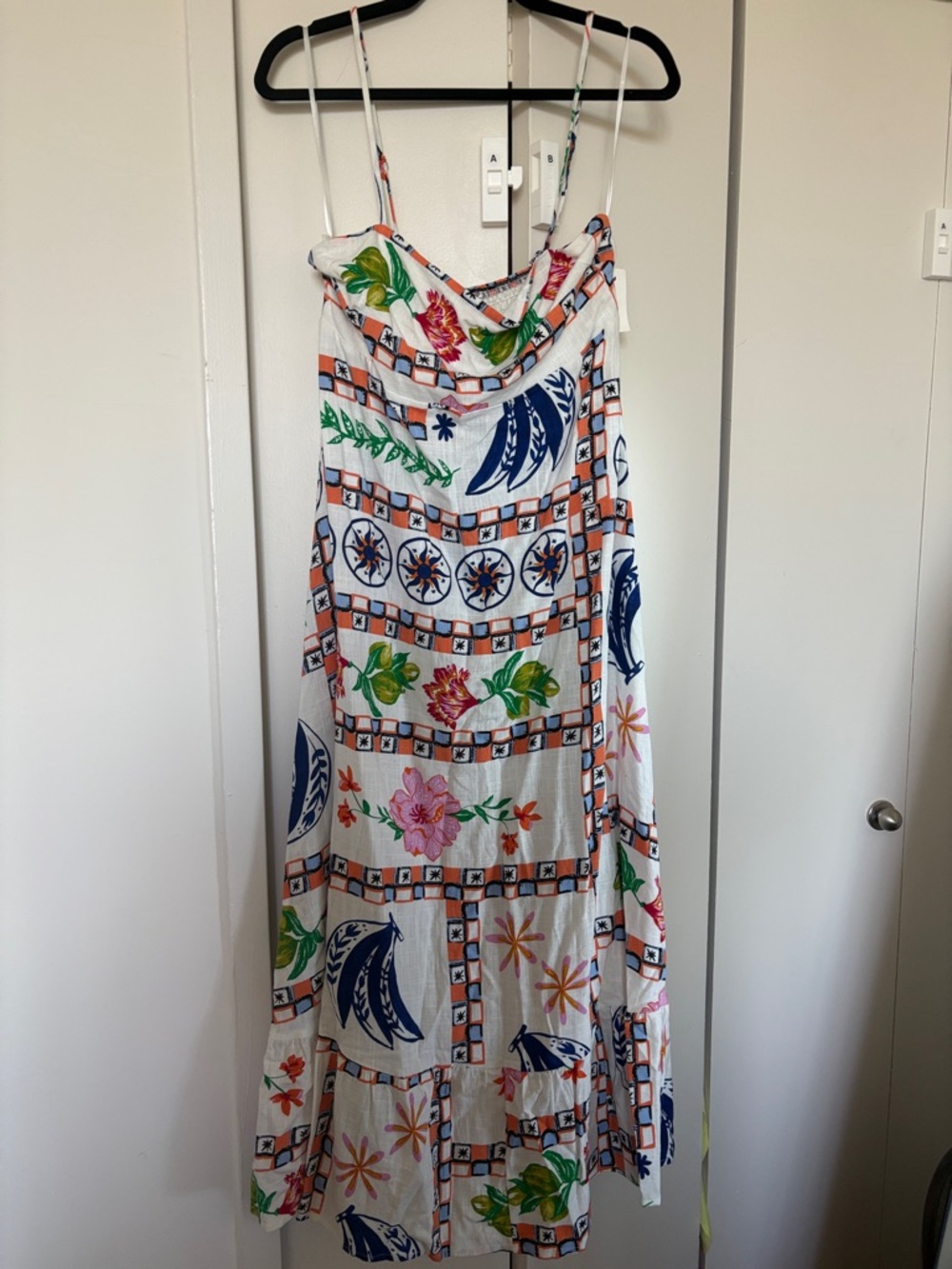 White Floral & Geometric Maxi Sundress with Navy and Coral Accents